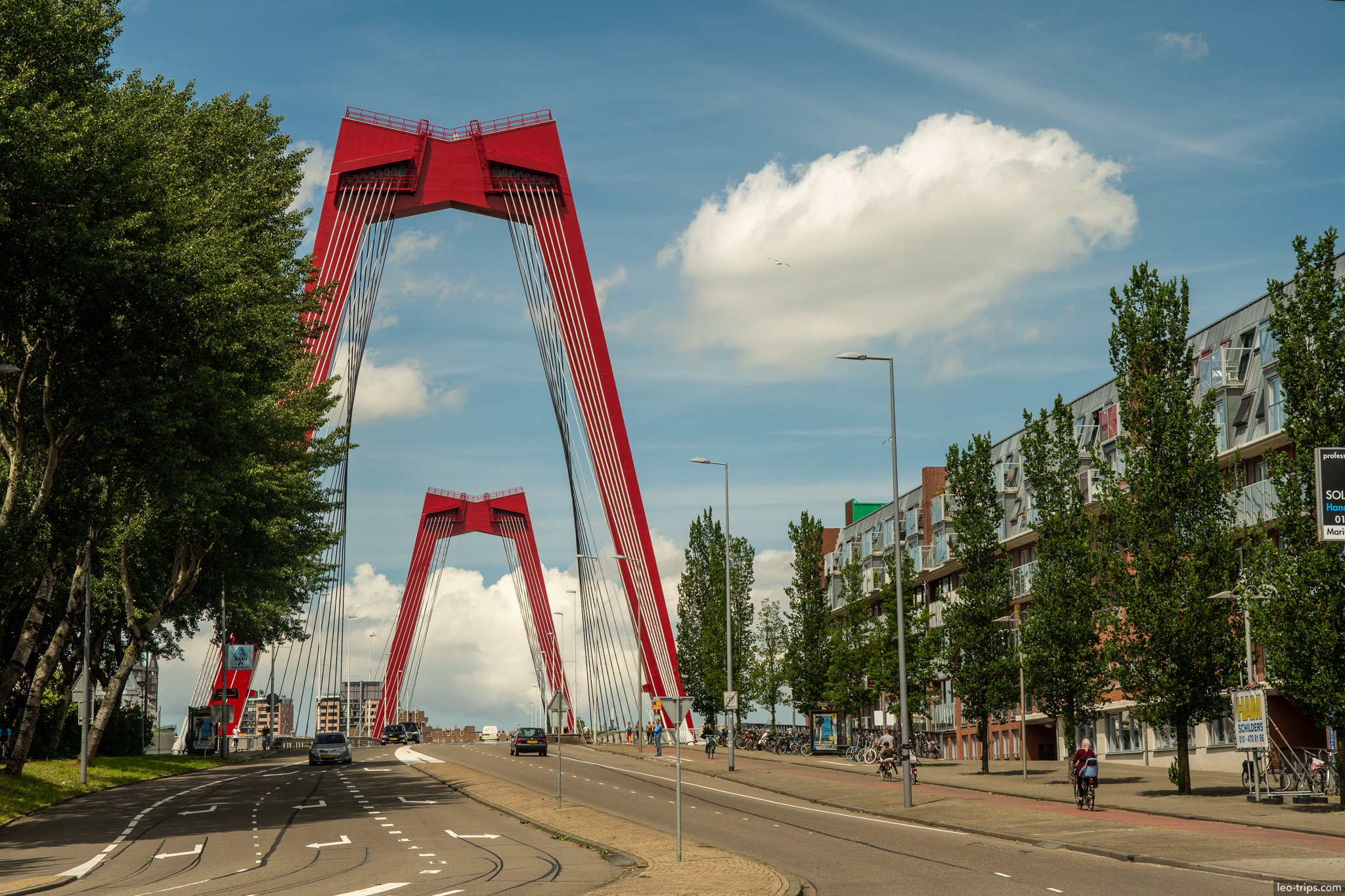 willemsbrug red cable stayed bridge street rotterdam