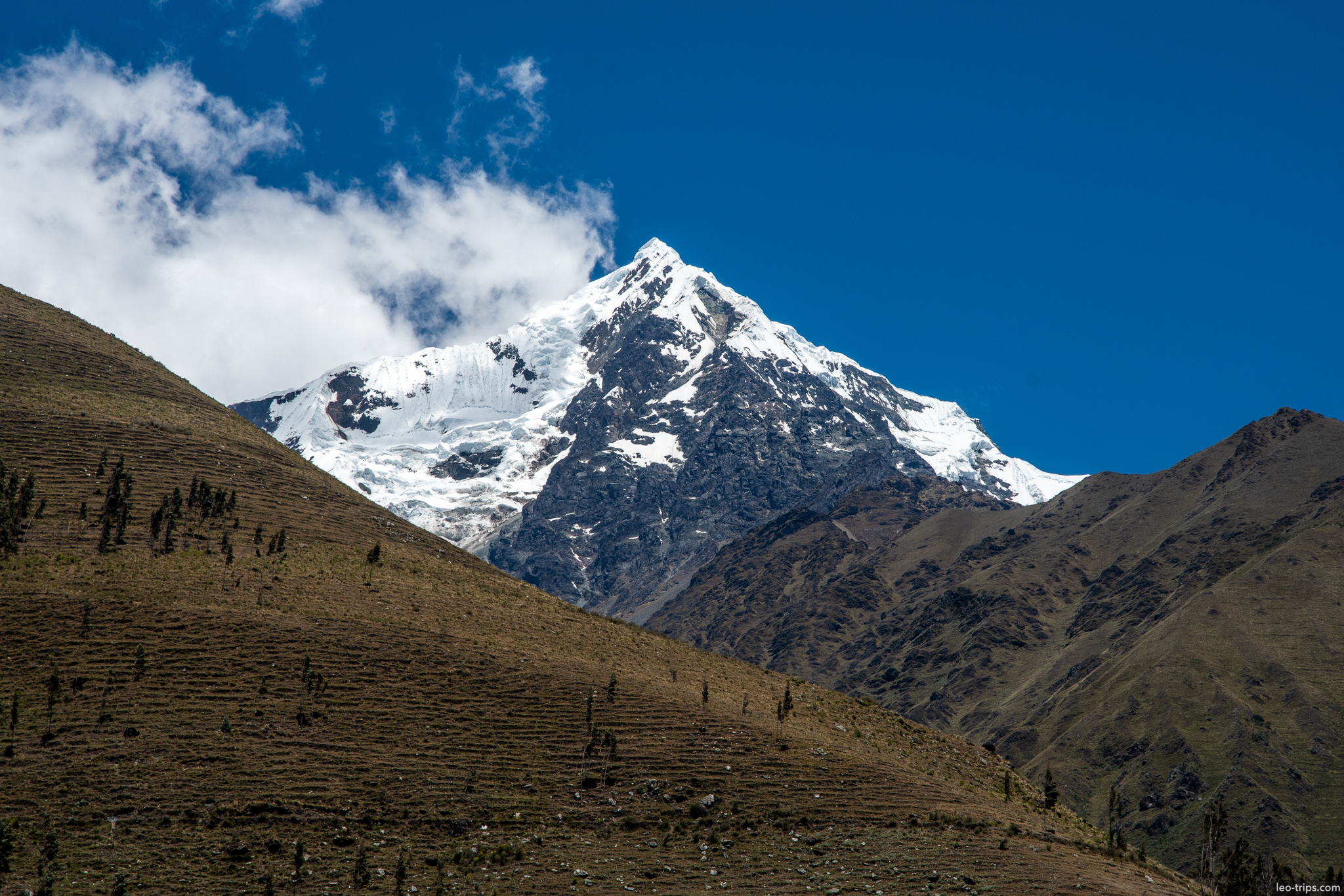 andes snow capped peak terraces around aguas calientes