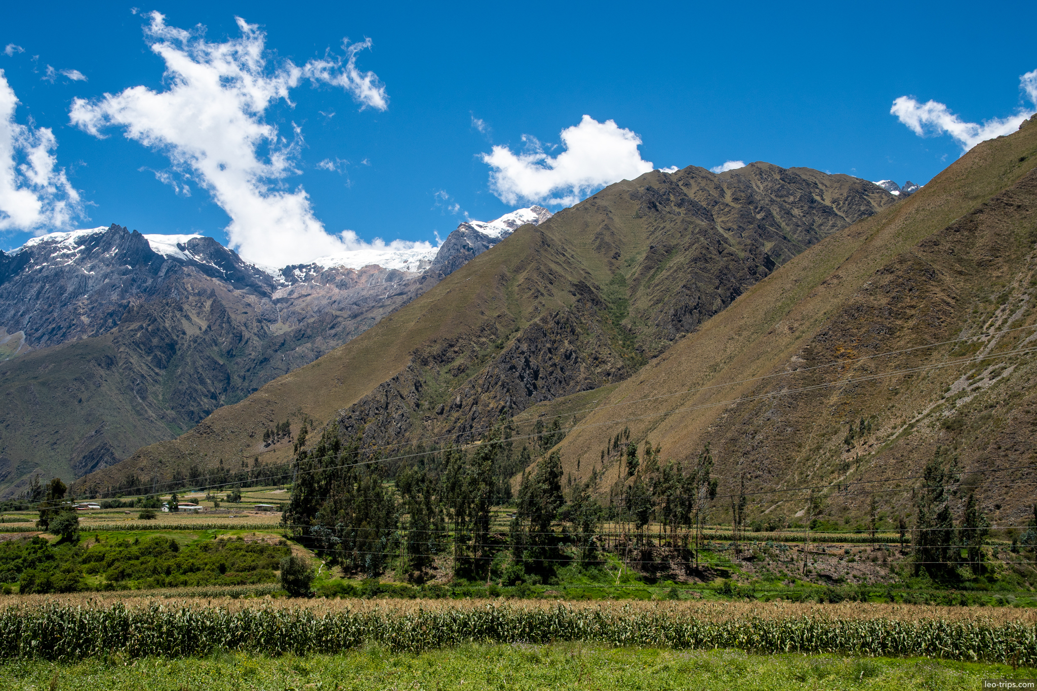 sacred valley peru snow peaks cornfields around aguas calientes