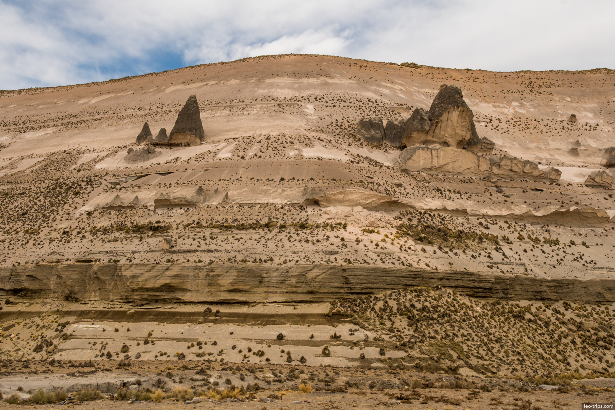 volcanic tuff rock formations layered hillside colca canyon