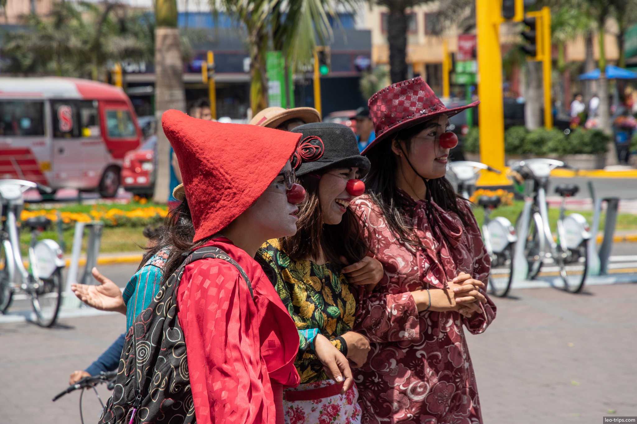three clowns red noses miraflores street lima