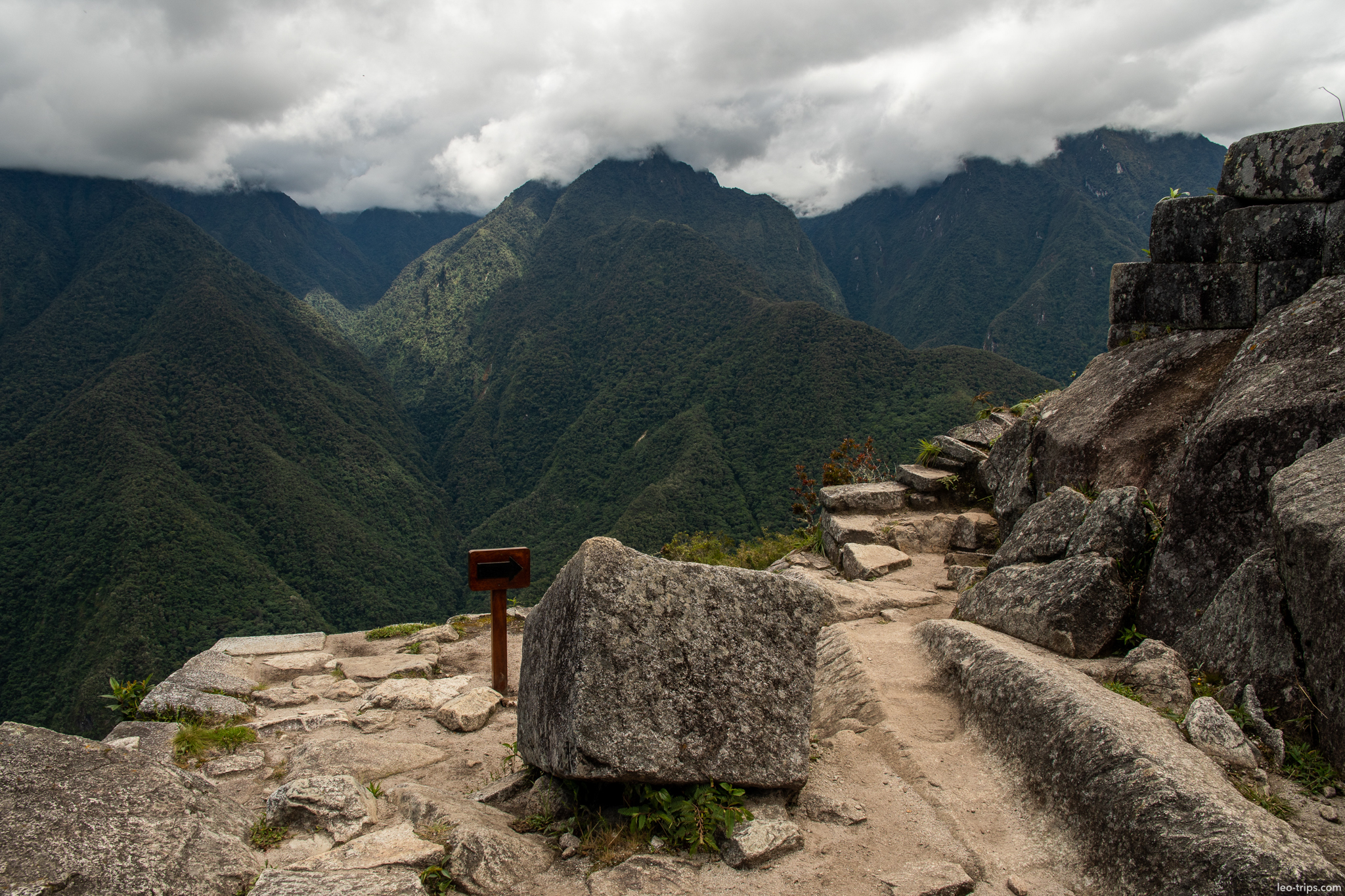 huayna picchu summit viewpoint stone steps sign machu picchu