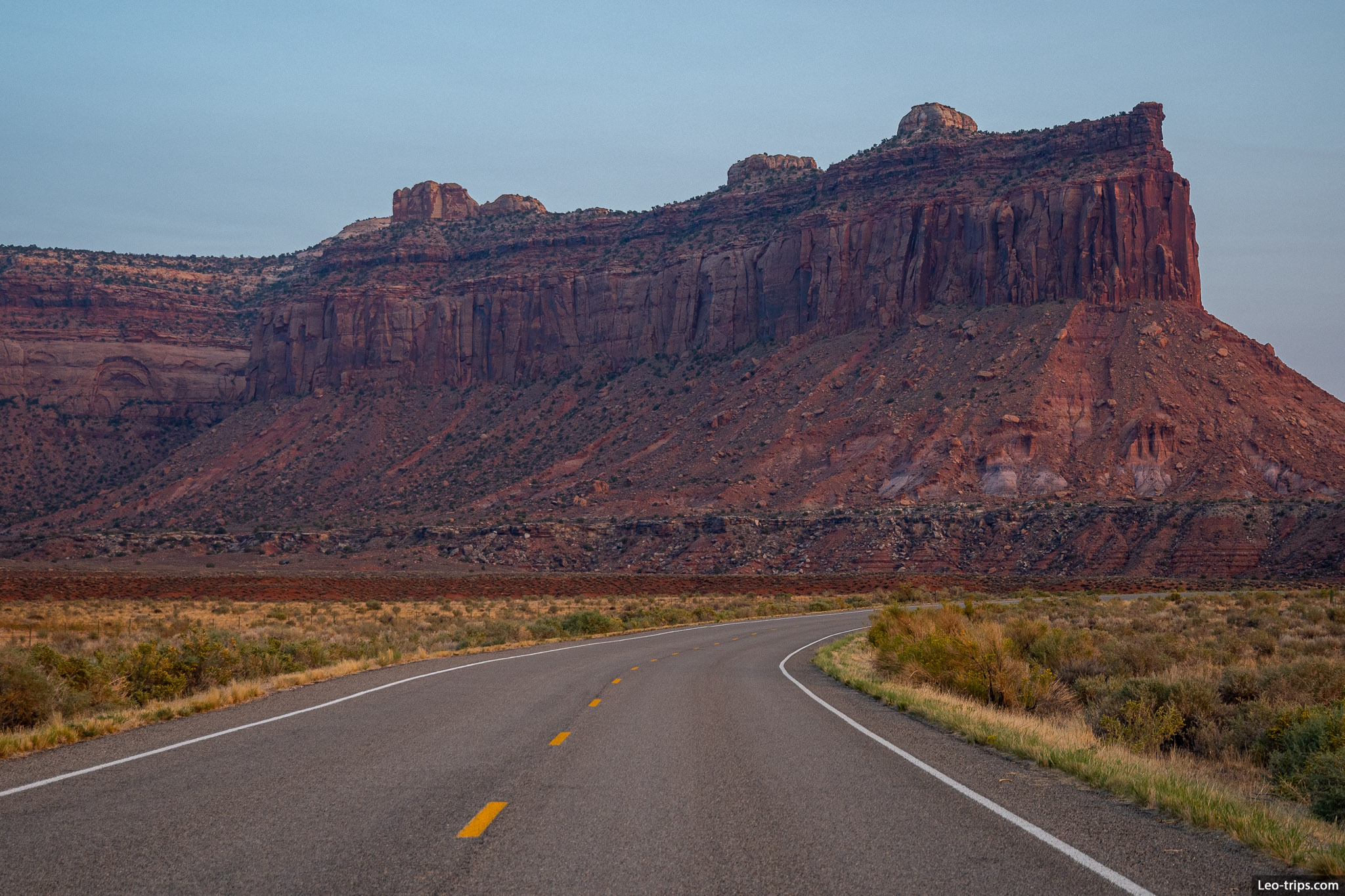 road and butte at late evening canyonland national park