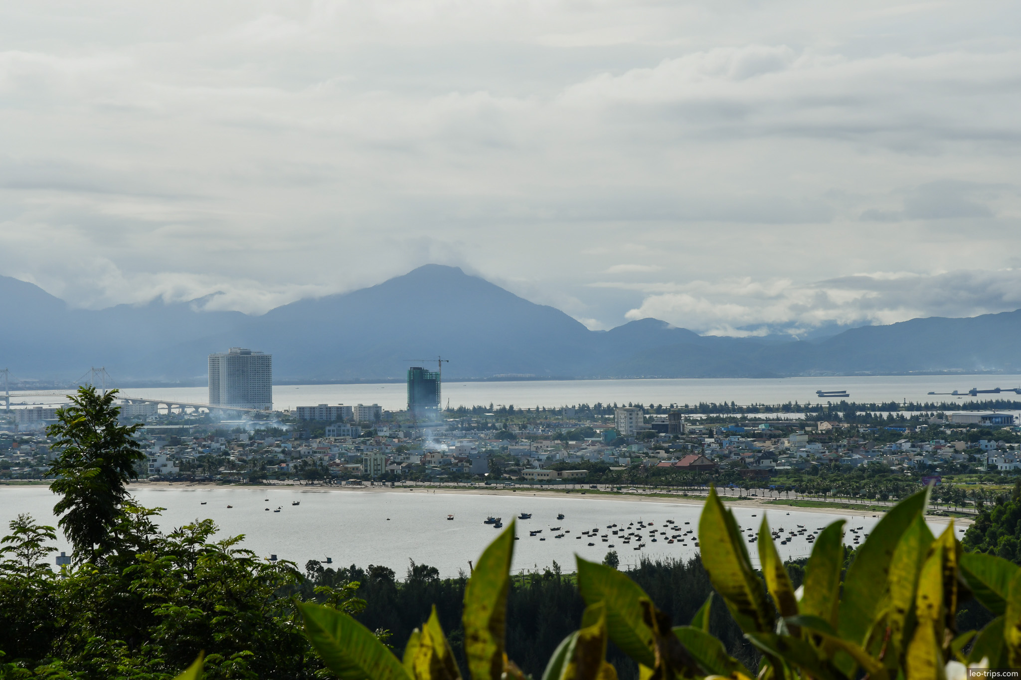 danang bay panorama mountains fishing boats hilltop da nang