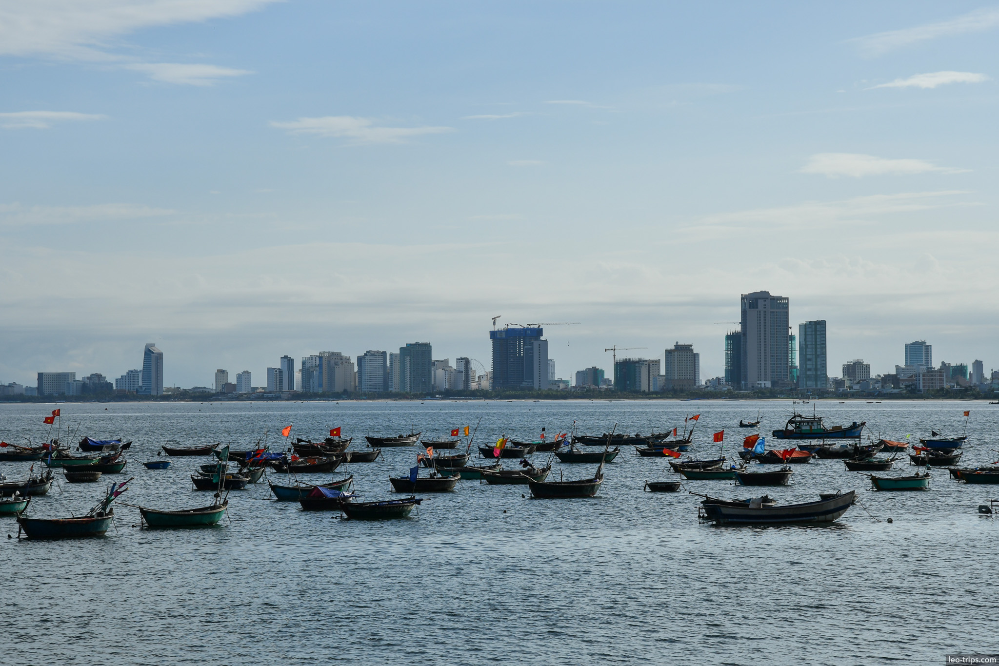 danang fishing boats bay city skyline panorama da nang