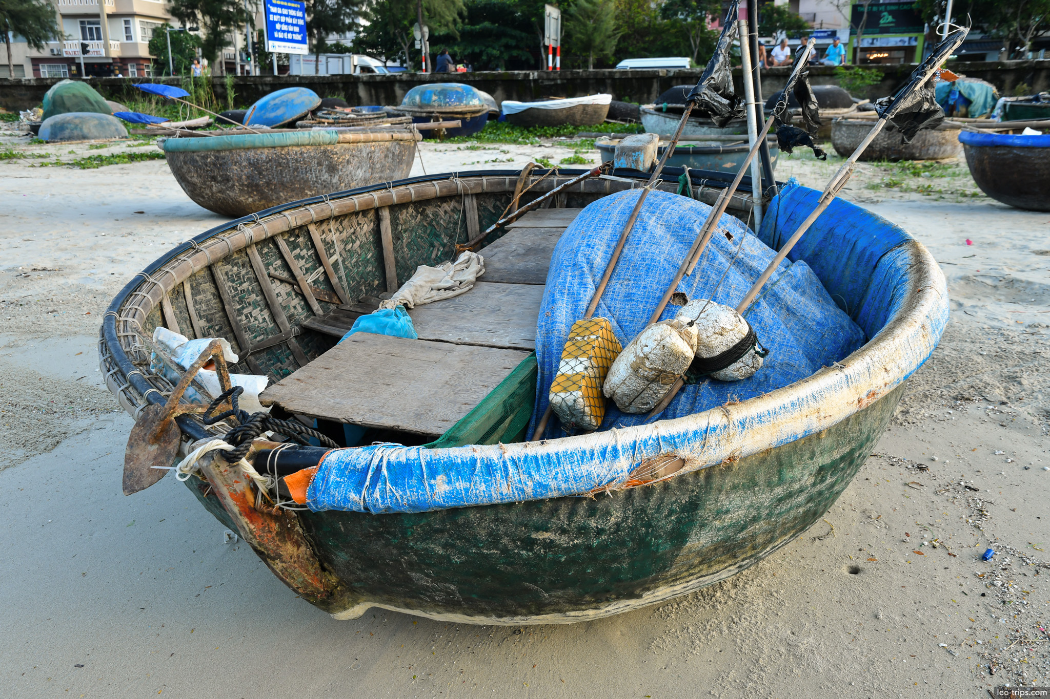vietnamese coracle basket boat beach closeup da nang