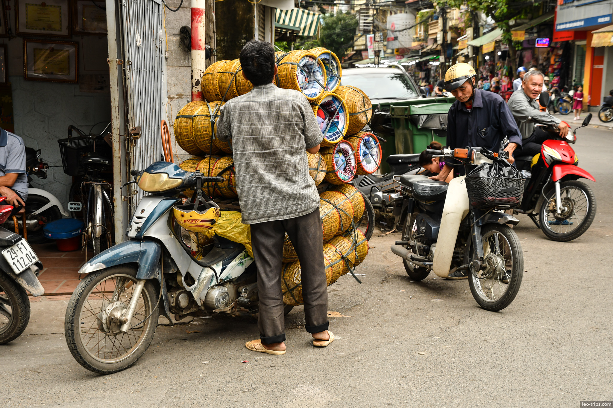 motorbike loaded bamboo baskets hanoi street hanoi