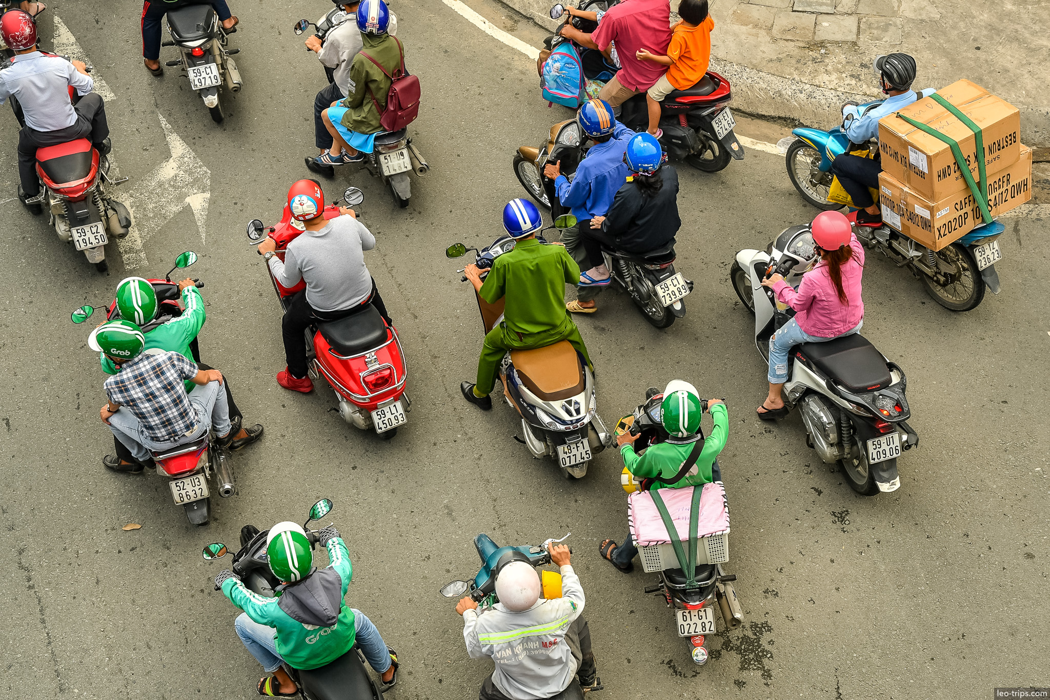 motorbike riders aerial view grab drivers ho chi minh city