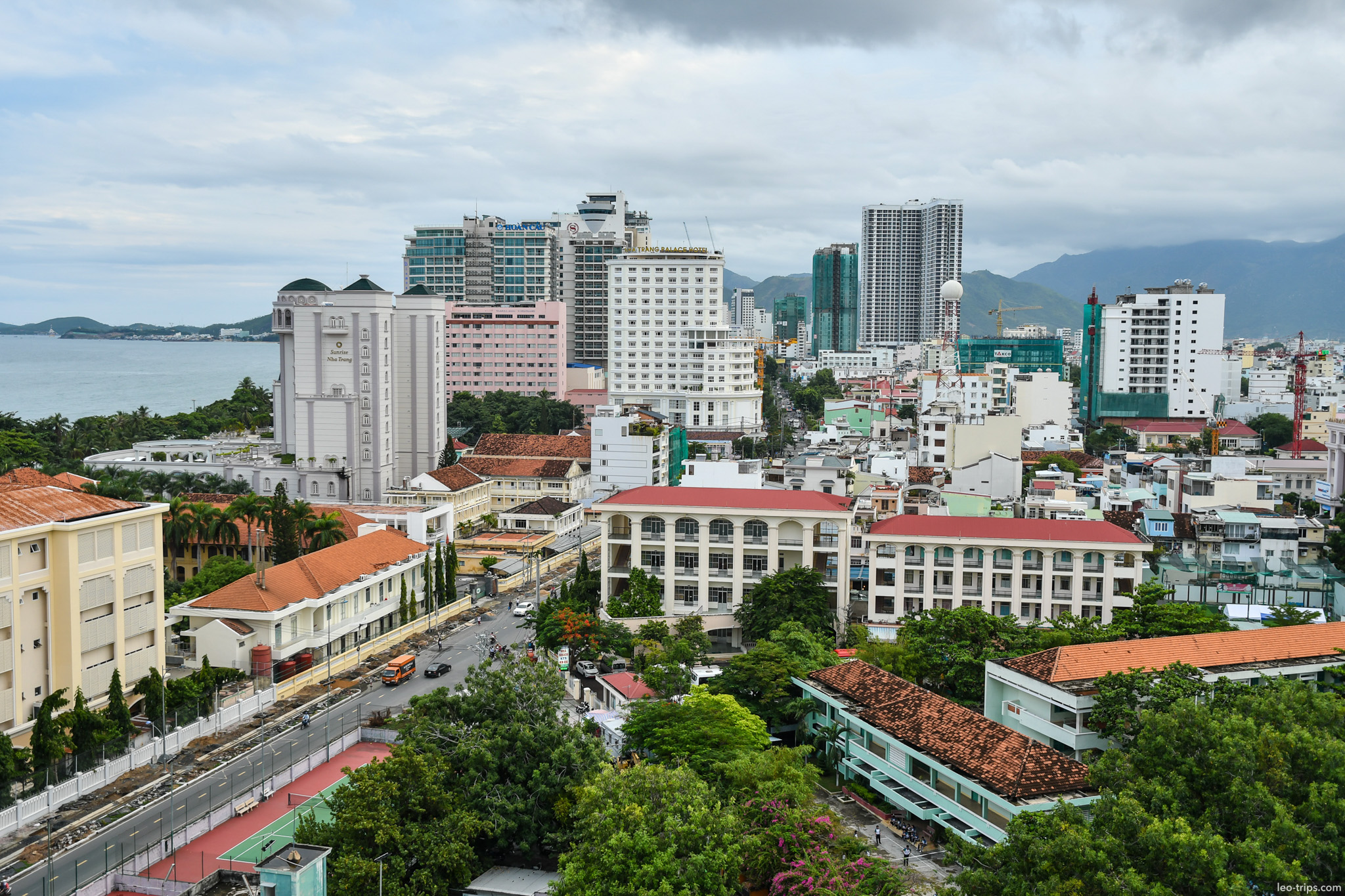 aerial tran phu beach road taxis palm trees nha trang